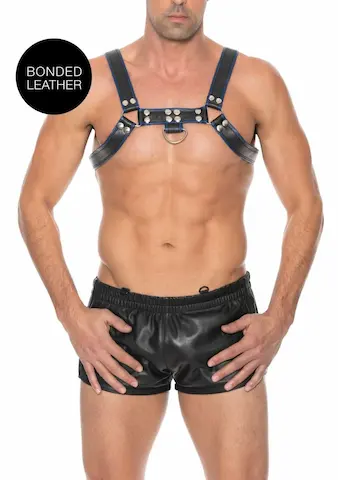 Kožený harness Ouch! Chest Bulldog modrý S/M, pánský kožený postroj