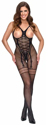 Fantasy by Cottelli Bodystocking odhalující ňadra – černý