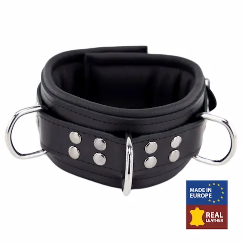 The Red Leather Collar – Padding – 3D-Ring, černý kožený obojek s D-kroužky