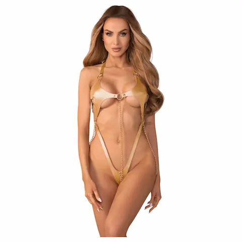 Obsessive Anyya – body s ramínky s koženým vzhledem a řetízky (zlaté)