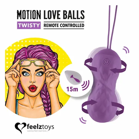 FeelzToys Twisty Remote Controlled Motion Love Balls, silikonové vaginální kuličky s dálkovým ovládáním s průměrem 3,4 cm