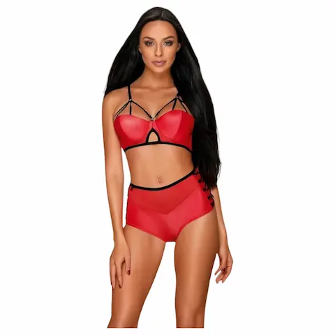 Obsessive Leatheria – podprsenkový set s koženým efektem (červený)