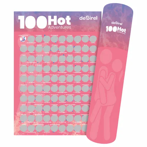 Desirel – stírací plakát společenské hry se 100 sexuálními polohami (anglicky)