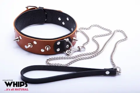 WHIPS Leather Collar with Leash for Him Cognac, hnědý obojek s ostny a vodítkem