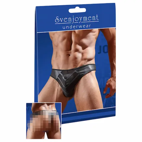 Svenjoyment – Lesklé pánské tanga s průhlednou vsadkou (černé)