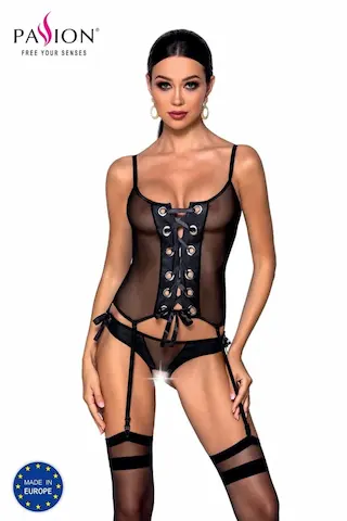 Korzet a tanga Passion Nessy S/M, set korzetu a tang s otevřeným rozkrokem