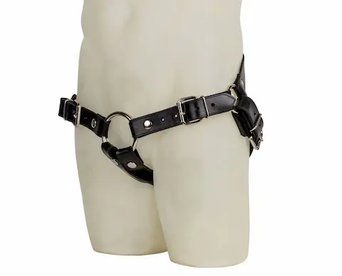Mr. S Leather Corey Jay Dildo Harness, černý kožený strap-on postroj s O-ring
