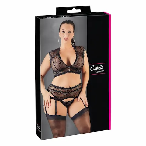 Cottelli Plus Size – souprava spodního prádla se štrasem a krajkou (černá)